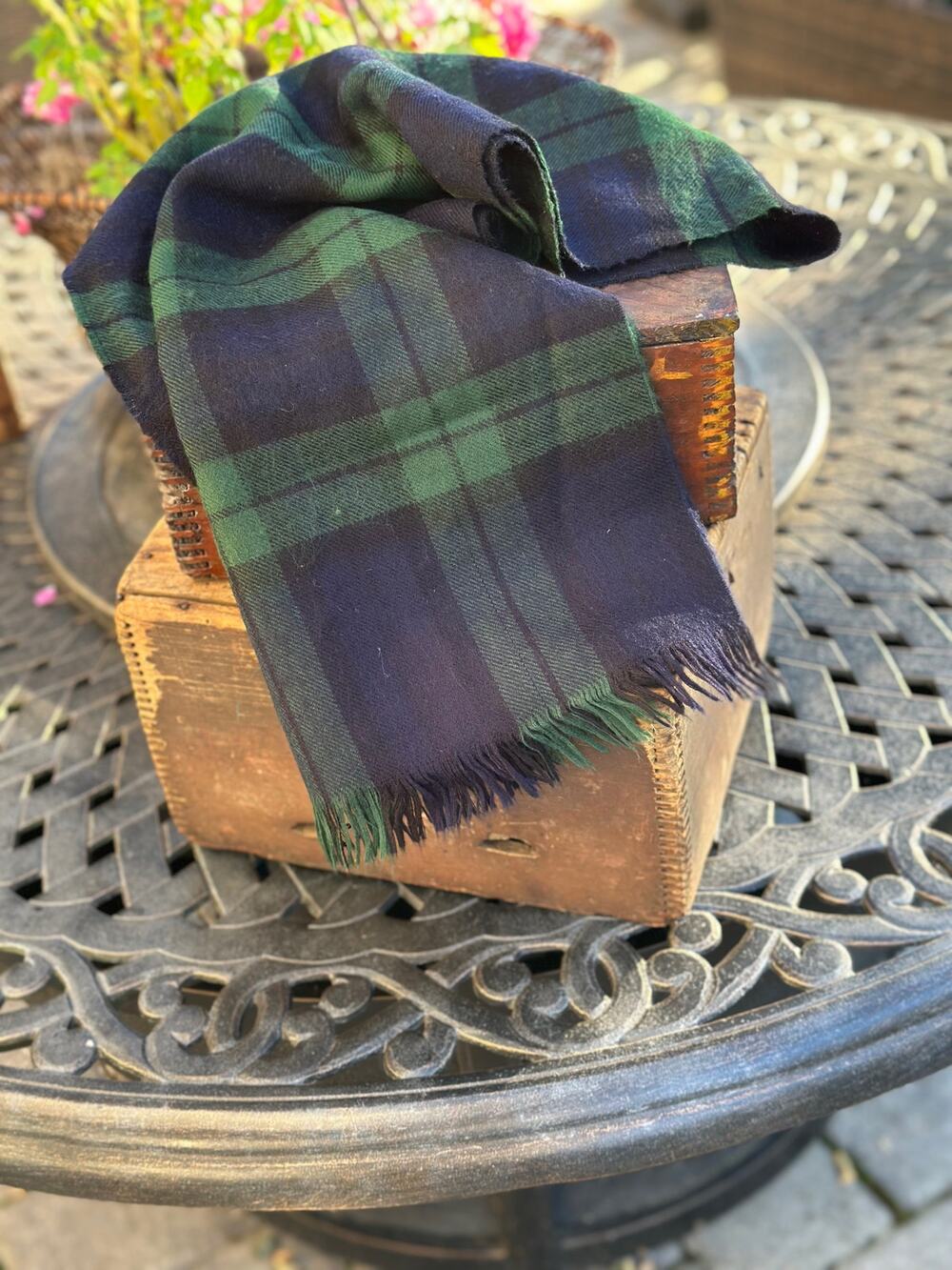 Black Watch Tartan Plaid Scarf Navy Green Fringe Preppy